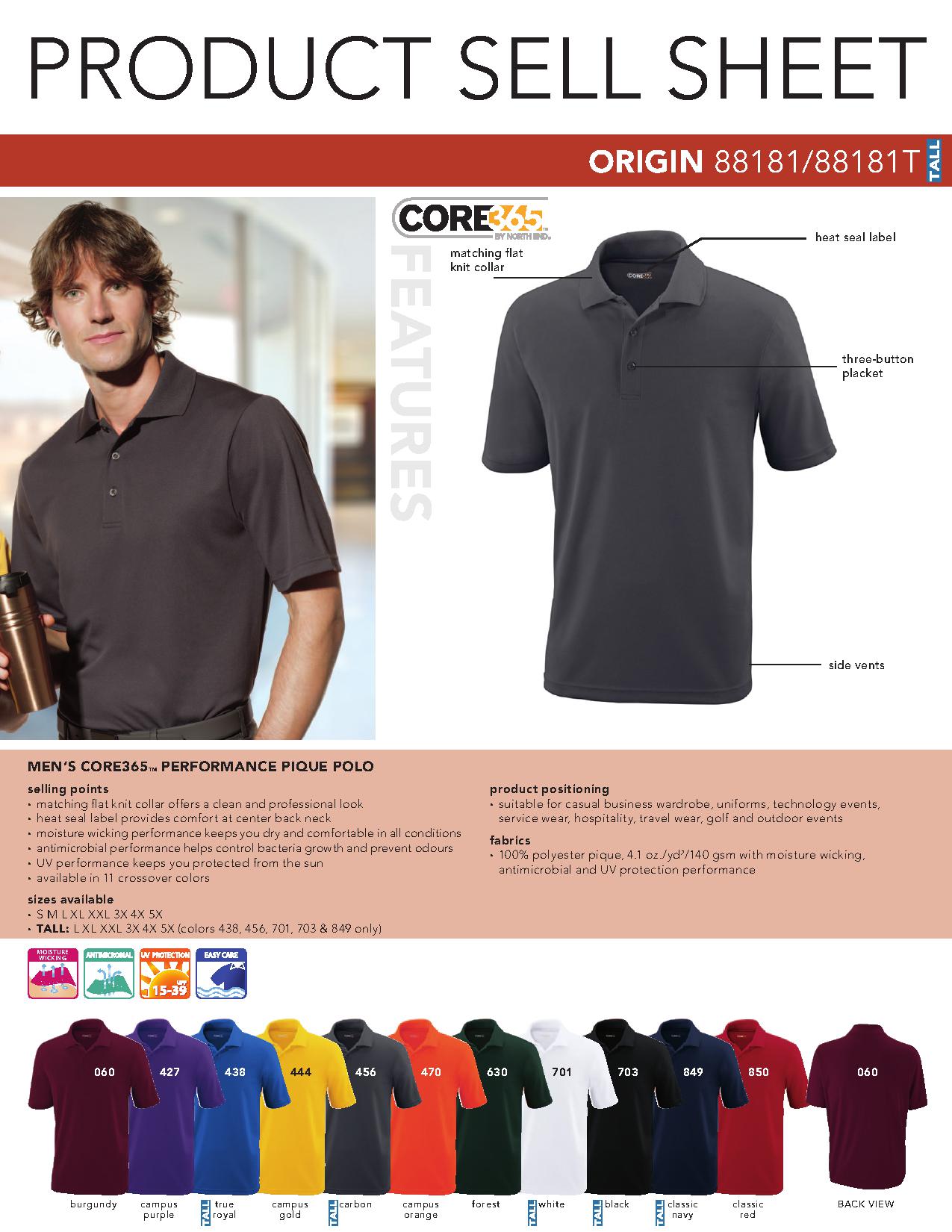 Ash City Core365 88181 - Origin Outwear Men's Performance Pique Polo