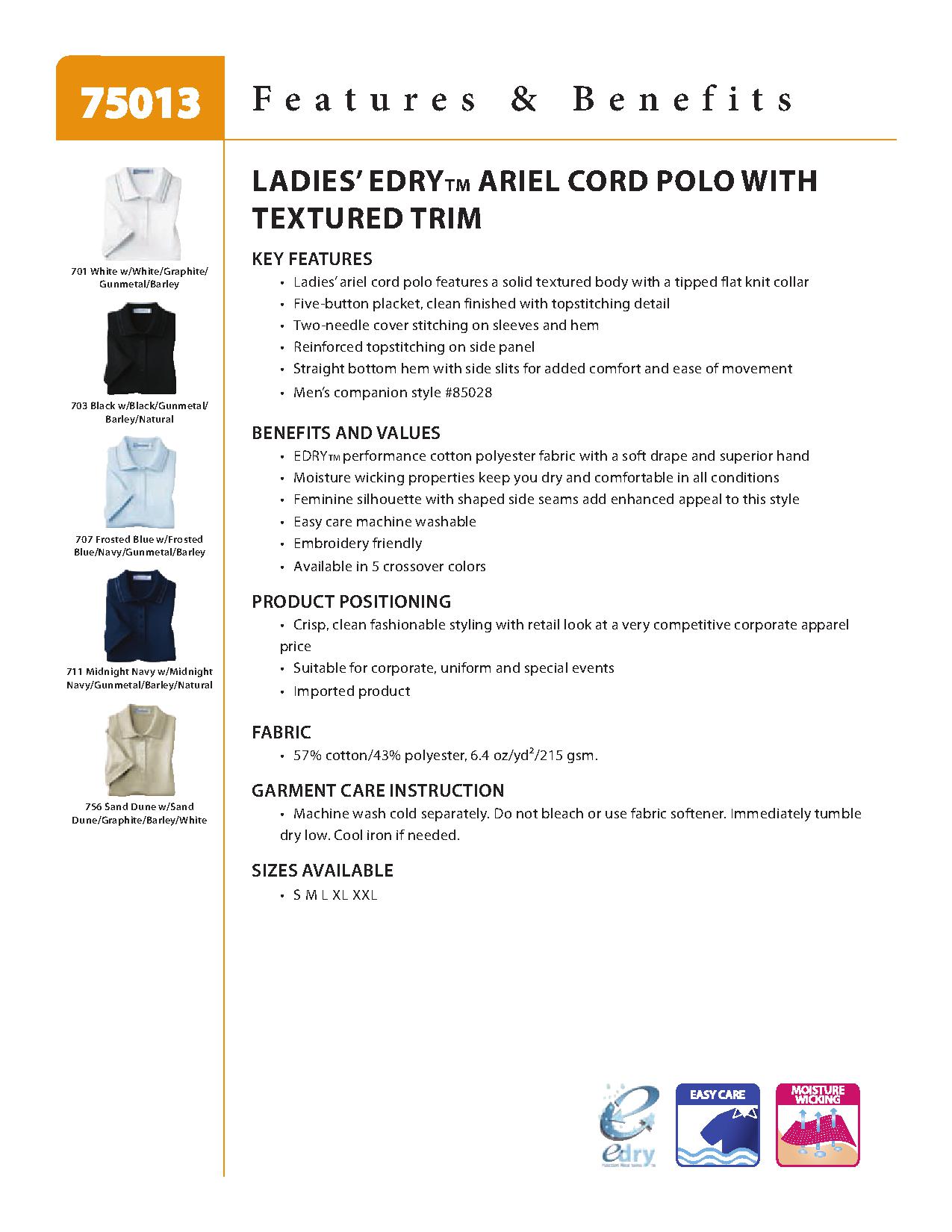 Ash City Edry 75013 - Ladies' Edry Ariel Cord Polo With Textured Collar