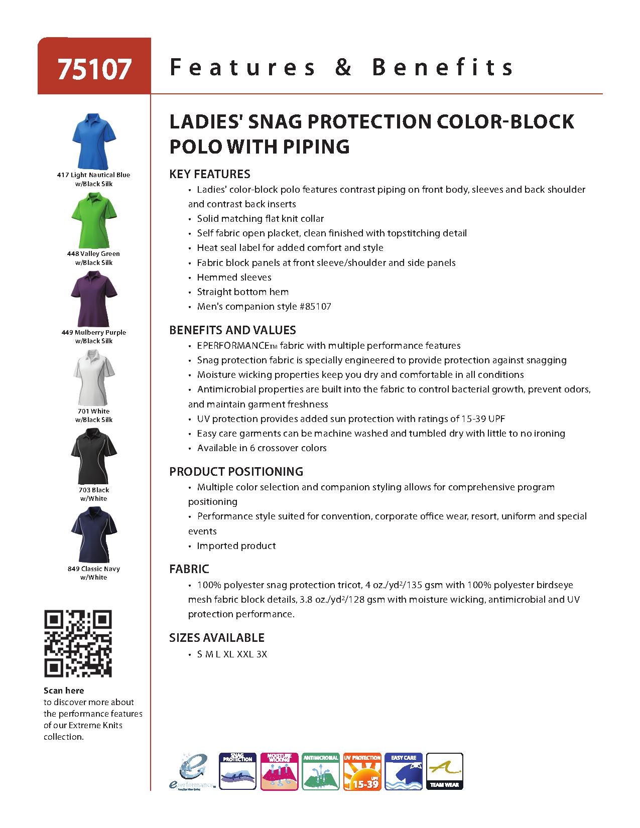 Ash City Eperformance 75107 - Velocity Ladies' Snag Protection Color-Block Polo With Piping