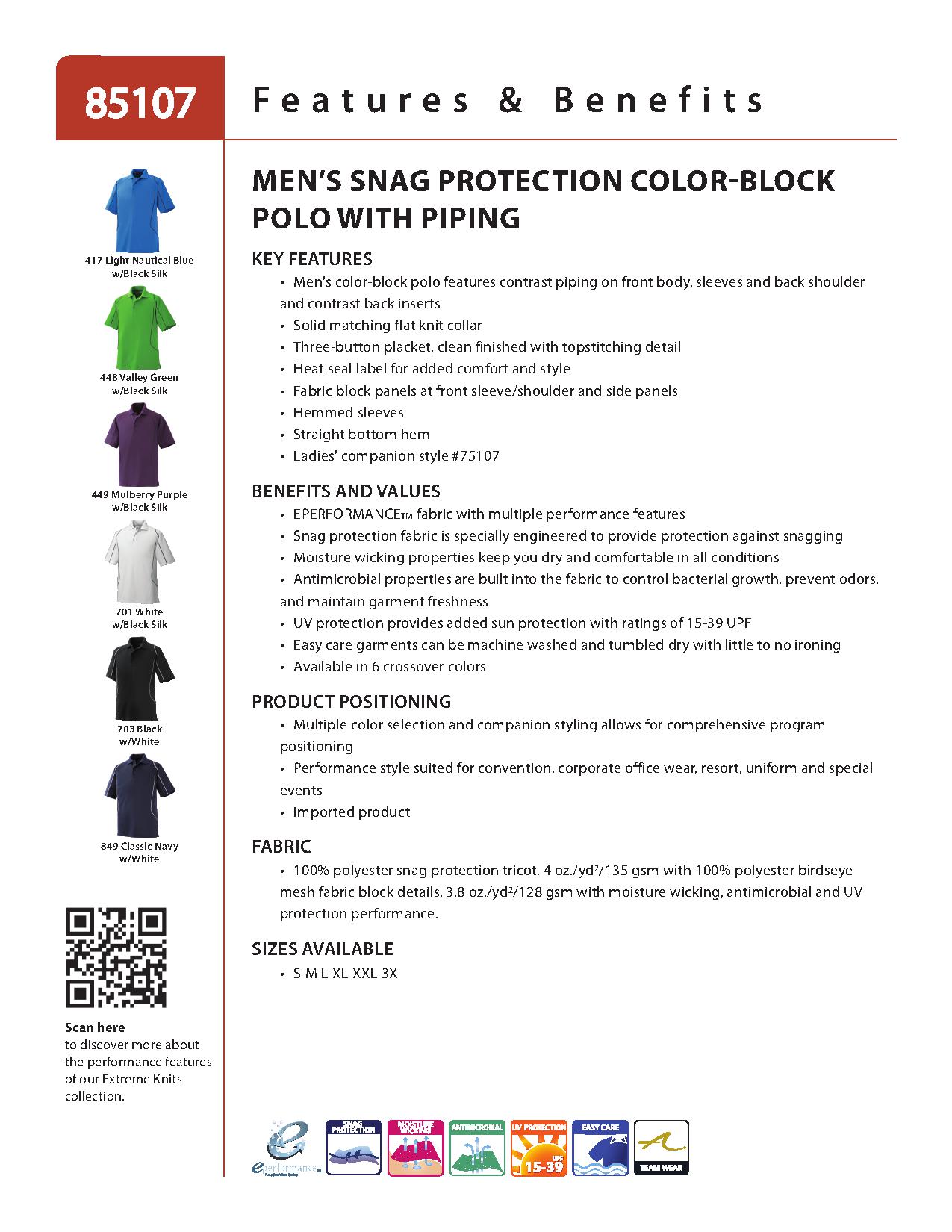 Ash City Eperformance 85107 - Velocity Men's Snag Protection Color-Block Polo Wit Piping