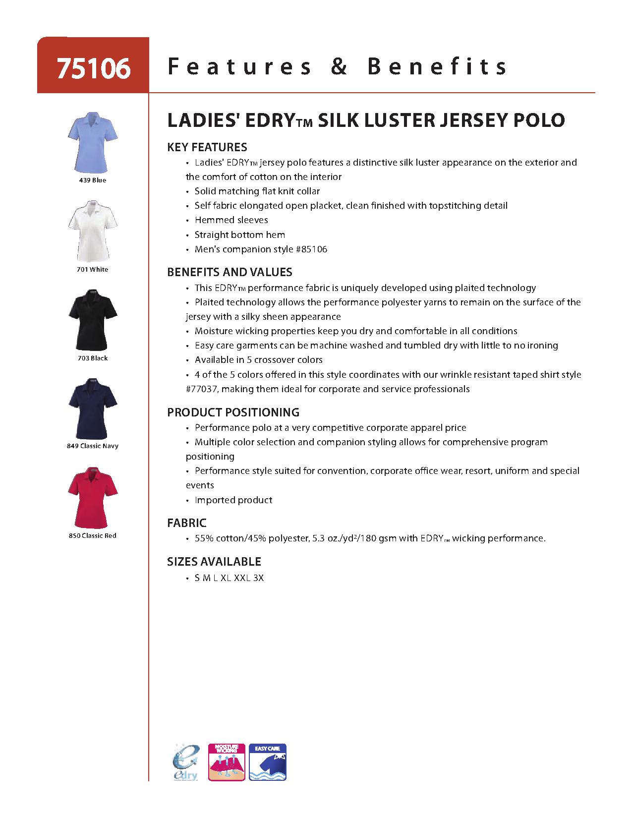 Ash City Jersey 75106 - Luster Ladies' Edry Silk Luster Jersey Polo