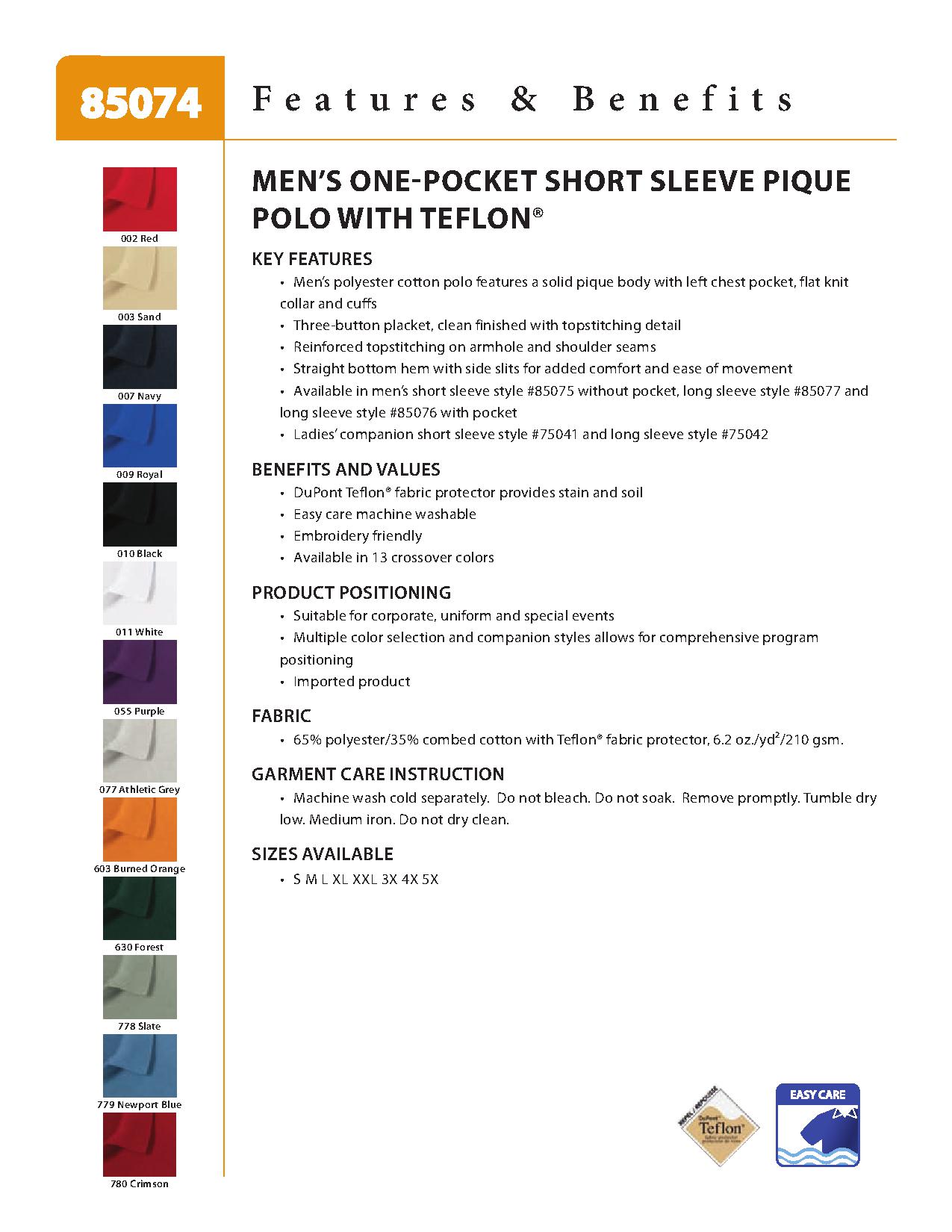 Ash City Pique 85074 - Men's One-Pocket Short Sleeve Pique Polo Polo With Teflon