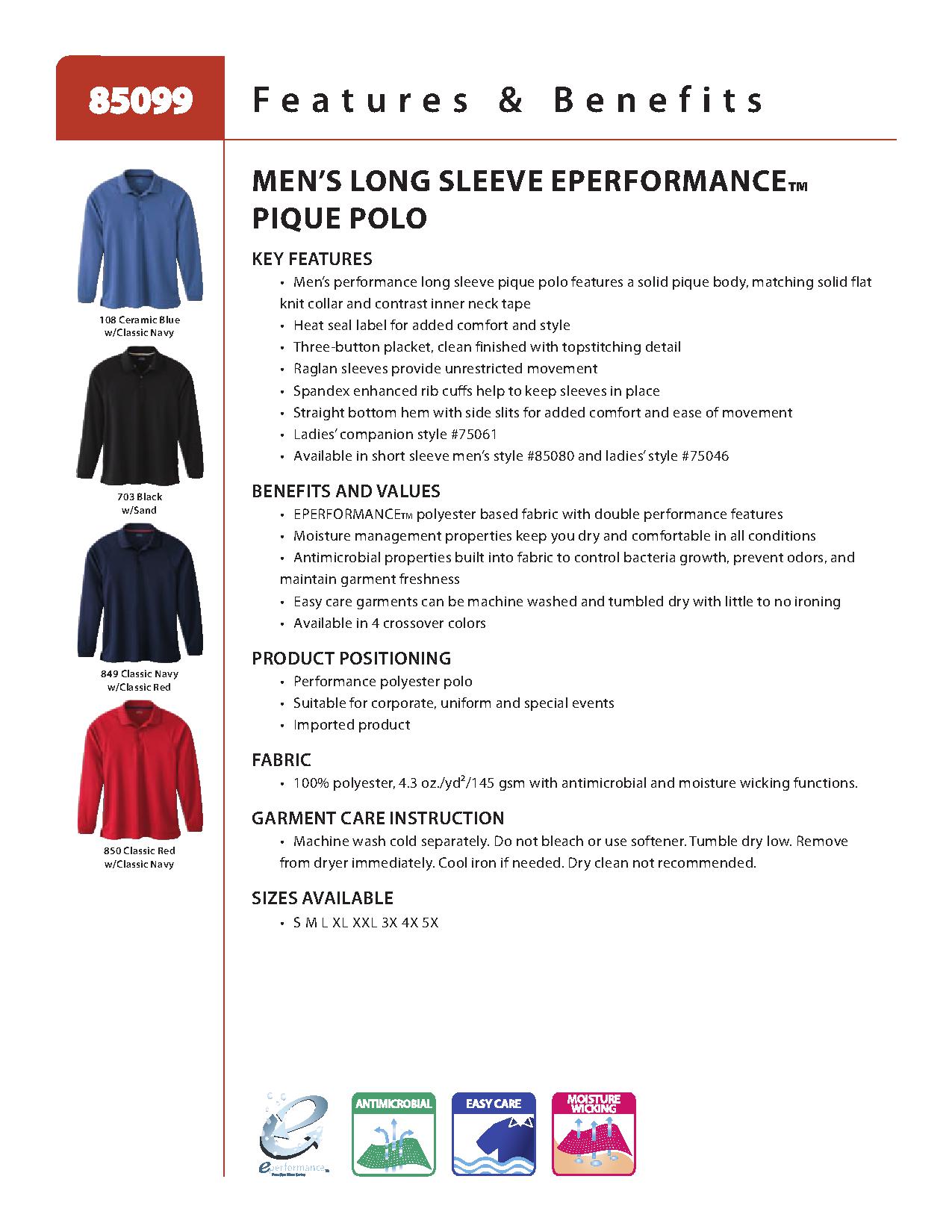 Ash City Pique 85099 - Men's Long Sleeve Eperformance Pique Polo