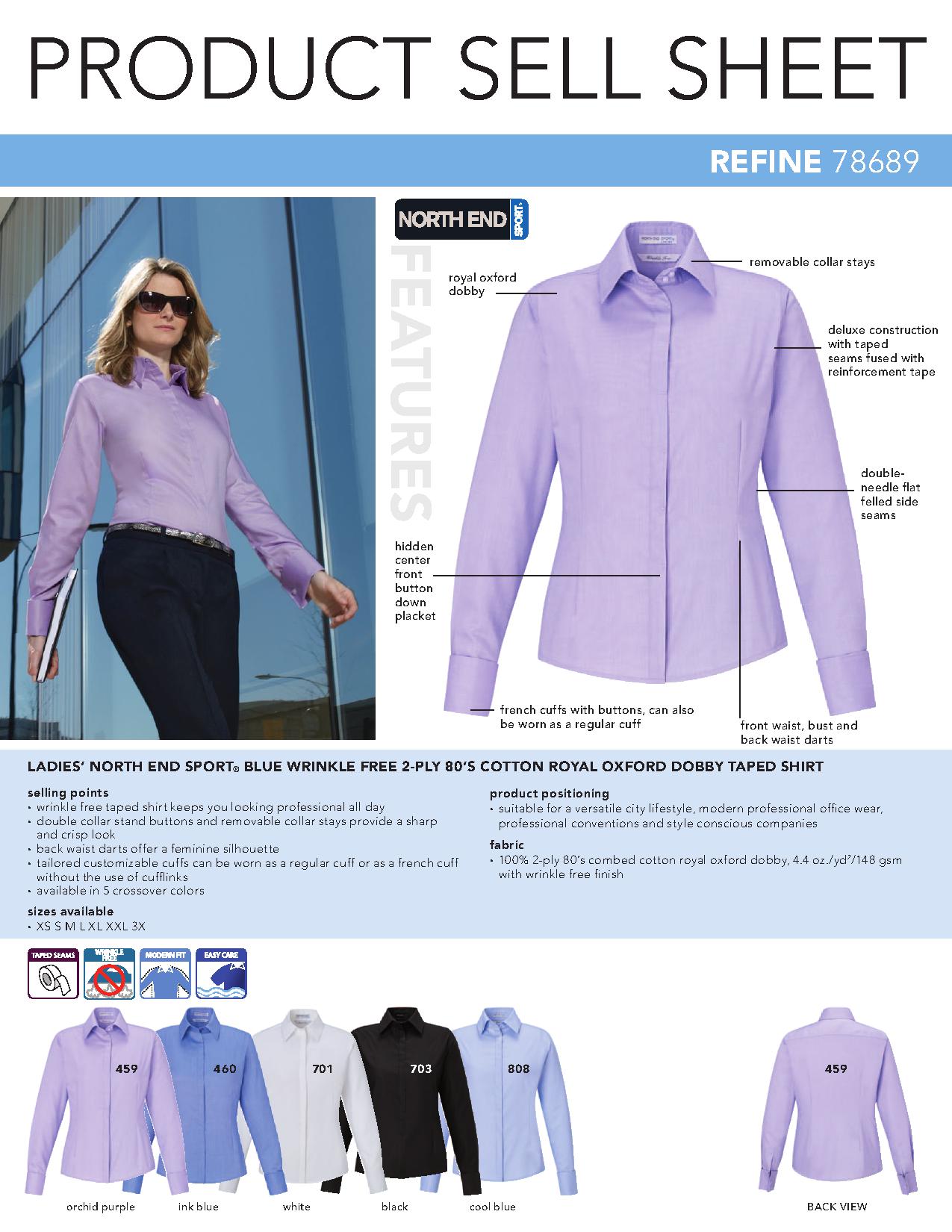 Ash City Wrinkle Free 78689 - Refine Ladies' Blue Wrinkle Free 2-Ply 80's Cotton Royal Oxford Dobby Taped Shirt